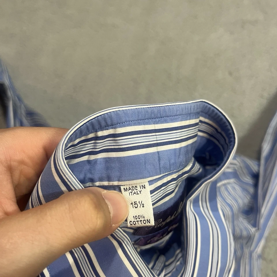 Camisa Ralph Lauren Para Hombres 15.5 Azul Blanco Rayas Púrpura Etiqueta Puño Francés Vestido Foto 3 de 4