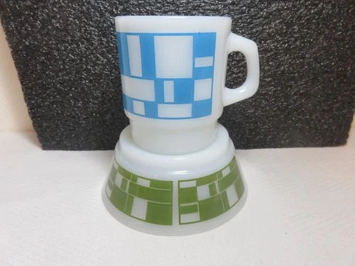 Vtg retro Fire King  milk glass blue rectangle mug and green cereal bowl