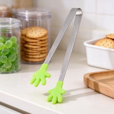 10 Pcs Stainless Steel Food Tongs with Green Silicone Grip Handles