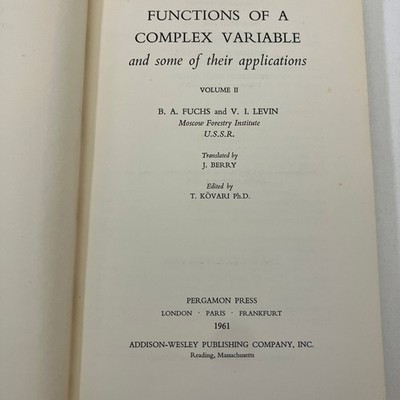 Functions of a Complex Variable Volume II B A Fuchs V I Levin 1961 Pergamon VTG
