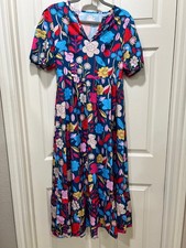 NEW Women’s SHEIN Blue Multicolor Floral Maxi Dress Puff Sleeve Tiered - Medium