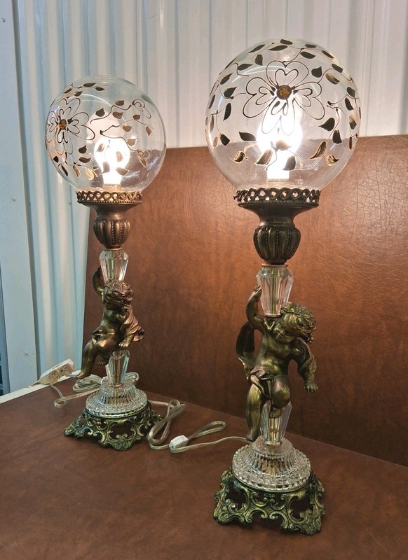 Restored Pair Of Antique Cherub Table Lamps With Hand Painted Glass Globes