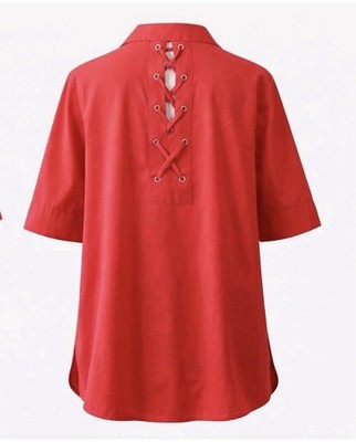 Chico s Button Front Shirt Size 2 L Red Lace Up Back Woven Casual