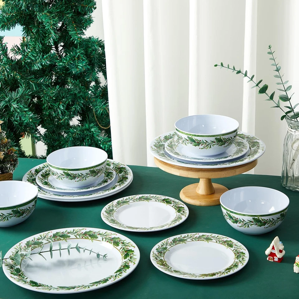 Juego de vajilla de melamina navideña de 12 piezas, 4 piezas 11 platos de cena 8 platos y... Foto 4 de 4