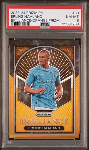 2023-24 Panini Prizm EPL #30 Erling Haaland Brilliance-Orange Shimmer /25 PSA 8