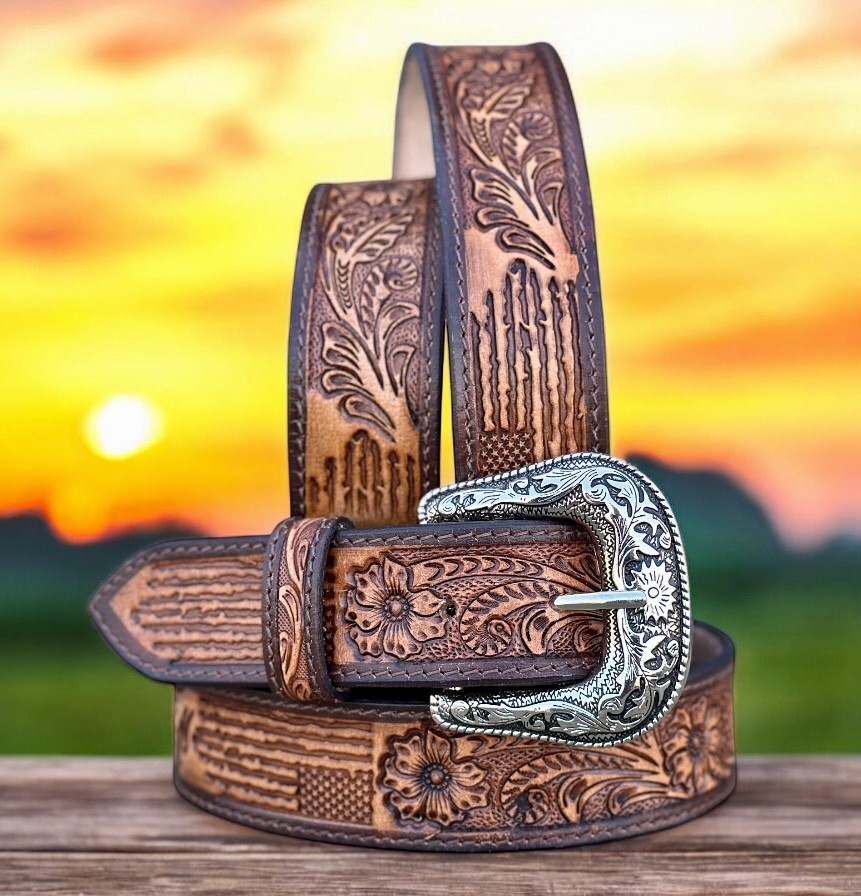 Western Belt Cowboy Full Grain Leather Tooled With Removable  display picture 1