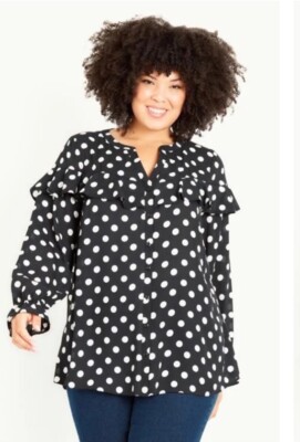 Evans Ladies Top Size 16 Frill Front Blouse Black Shirt Spot Print NEW With Tags