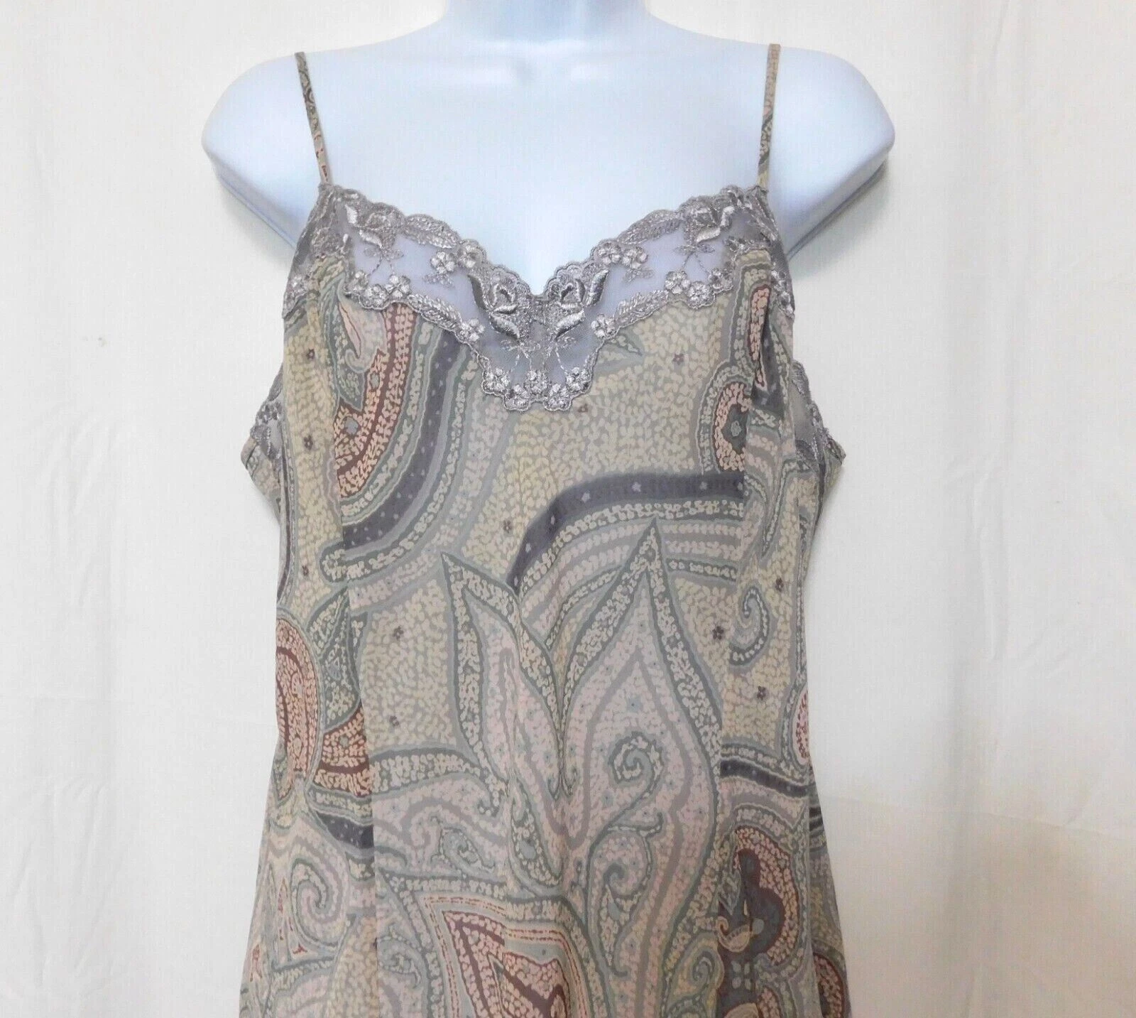 UNDERCOVER Camicia da notte Victorias Secret Chemise L pizzo chiffon abito slip paisley ruggine oliva