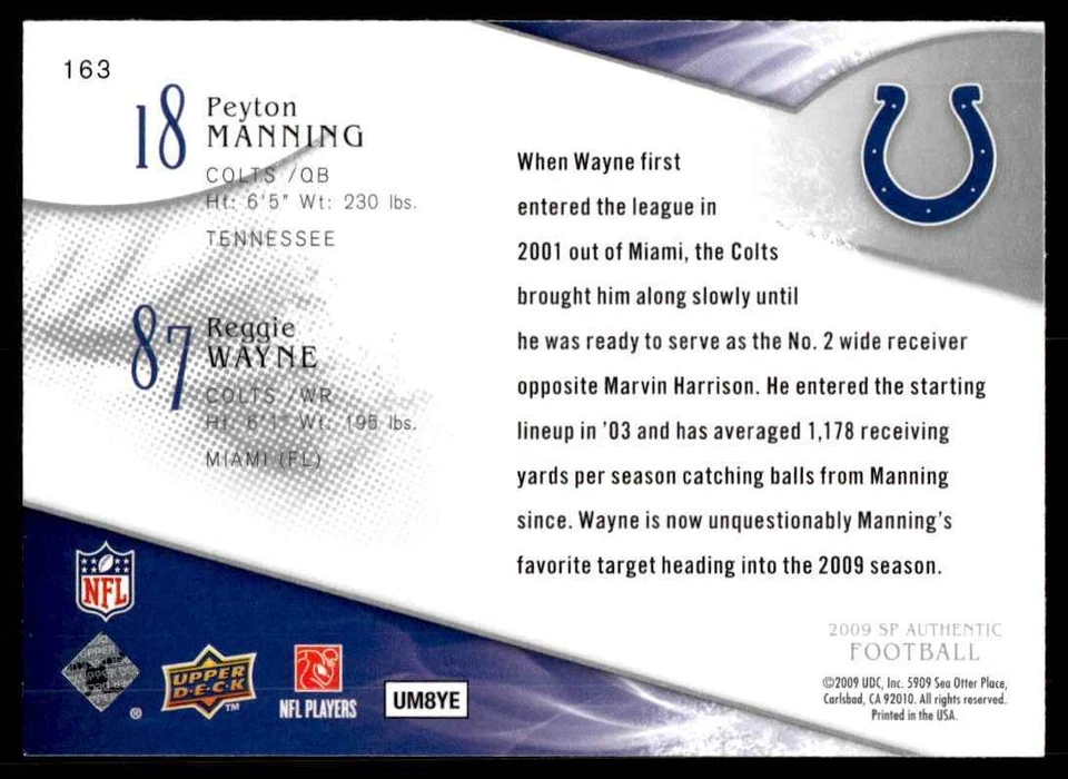 2009 SP Authentic Peyton Manning/Reggie Wayne R59 - Image 2 of 2