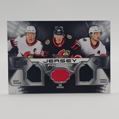 2022-23 Upper Deck Triple Jersey Premier Tkachuk Stutzle Chabot /49
