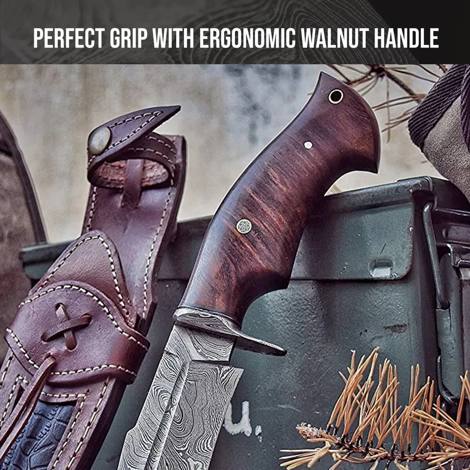 Custom Handmade Damascus Steel Bowie Hunting Knife Rose Wood Handle W/ Sheath - Image 4 of 4