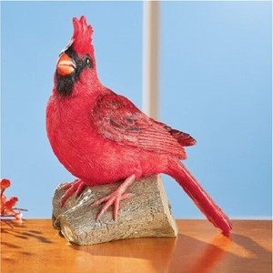 Red Cardinal Bird On Log Christmas Figurine Statue Winter Holiday