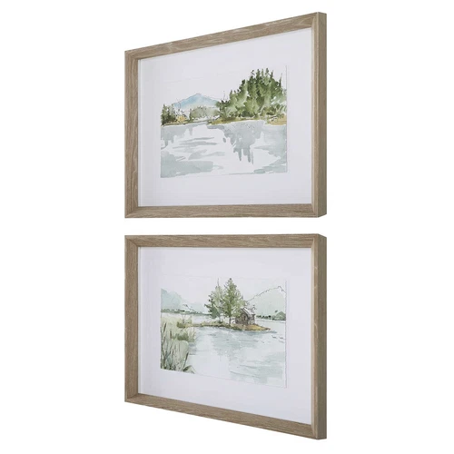 Serene Lake Framed Prints Wall Art Under Glass ~ Set Of 2  ~ Uttermost 32288 - Picture 4 of 8