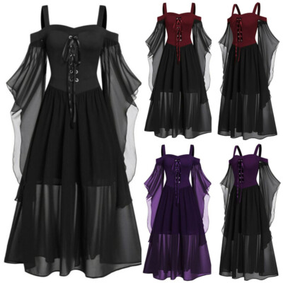Dresses Plus Gothic Batwing Sleeves Women Cold Shoulder Halloween Dress Lace Up
