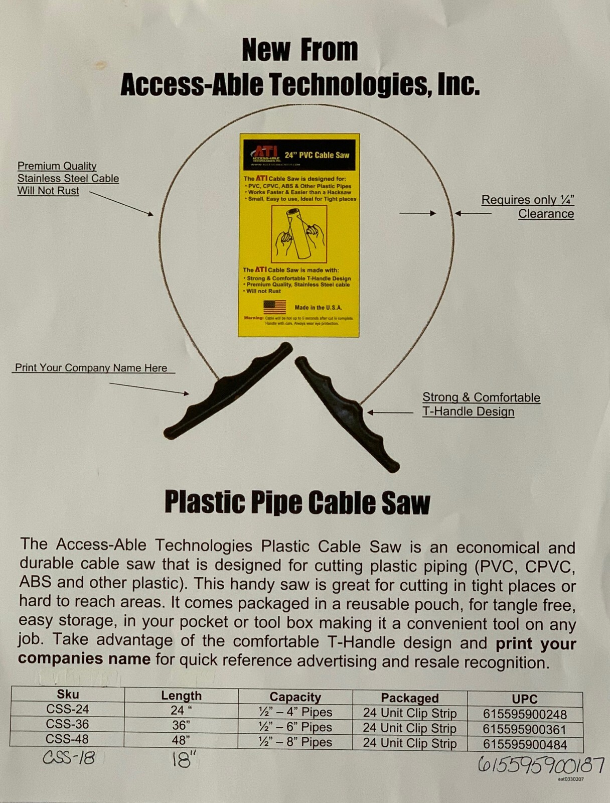 Pow-R Grip - 18" T-Handle PVC Cable Saw (CSS18)