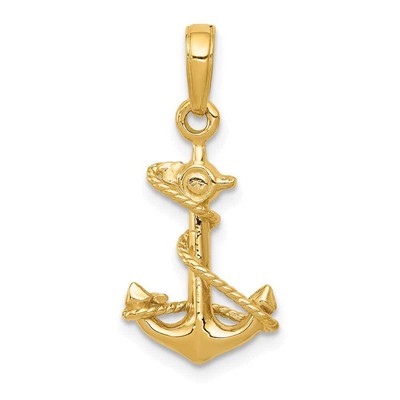 14K Gold 3D Anchor with Rope Pendant 0.5 x 0.9 in
