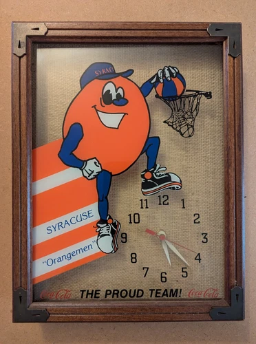 Vintage 1980's Syracuse Orange. Coca-Cola Wood, Metal and Glass Wall Clock.