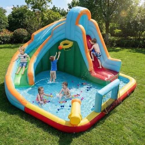 Inflatable Water Slide Park, 6-in-1 Giant Bounce House w/Splash Pool, Long Slide