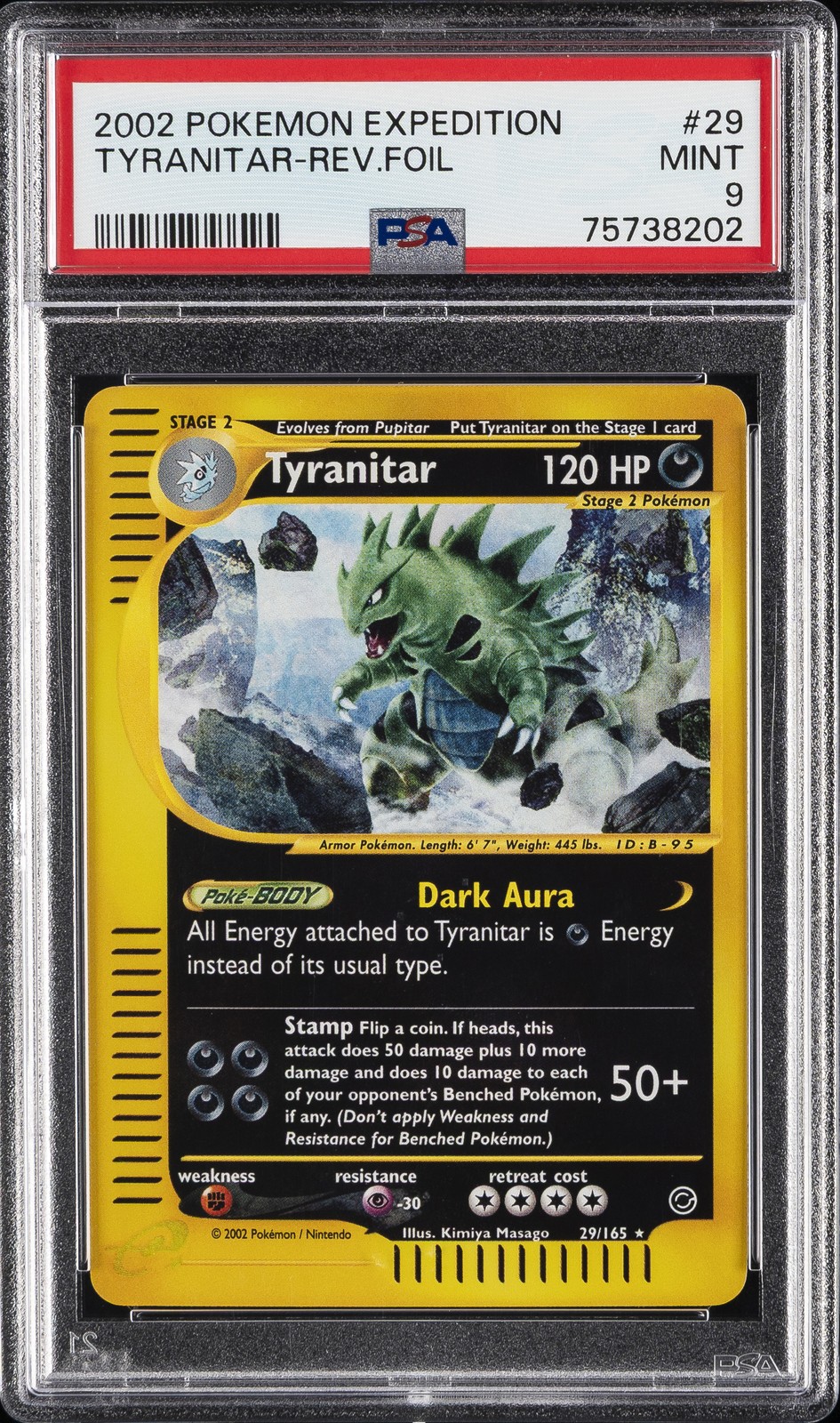 2002 POKEMON EXPEDITION #29 TYRANITAR-REVERSE FOIL PSA 9