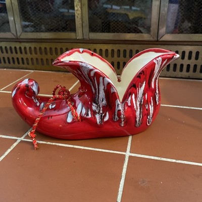 Vintage Elf Shoe Christmas Planter, Vase, Candy Dish, Red Bootie, Santa s Helper