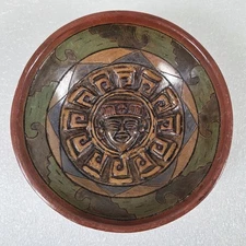 VTG R D Mexican Pottery Aztec Three Legged Bowl Trinket Treat  3D Clay Art 6+"