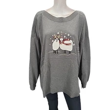 CJ Banks Womens Sweatshirt 3X Plus Size Gray w Holiday Embroidery Pullover Top