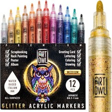 Art Owl Acrylic Glitter Paint Marker Pens, 1 Count Pack of 12 , Assorted