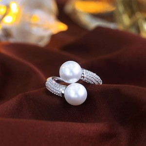 Authentic Luxury Adjustable Yellow Gold Plated CZ Double Pearl Finger Ring for Women Party