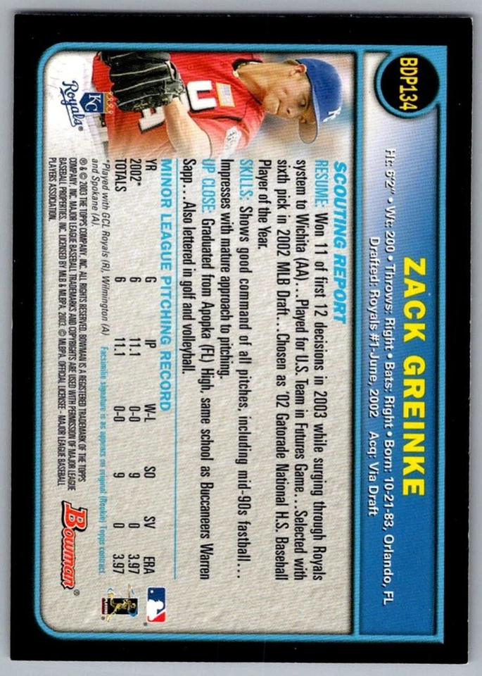 2003 Bowman Draft Picks & Prospects Zack Greinke Kansas City Royals #BDP134 - Image 2 of 2