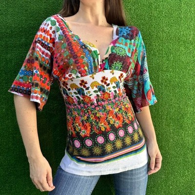 Y2k Euro Desigual Womens V-Neck Top X Small bright Floral