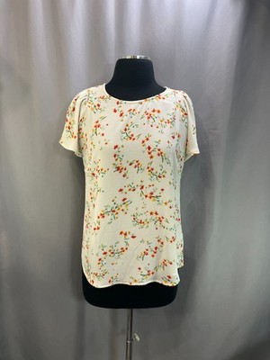 Cece Blouse Top Womens Medium White Floral Print Stretch Keyhole Back Curved Hem