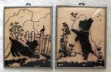 Vintage Pair Convex Glass Silhouettes,Scottie Puppy Dog Playing Bird & Butterfly