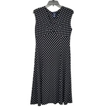 Chaps Black White Polka Dot V Neck Jersey Knee Length Dress Classic 50s Retro