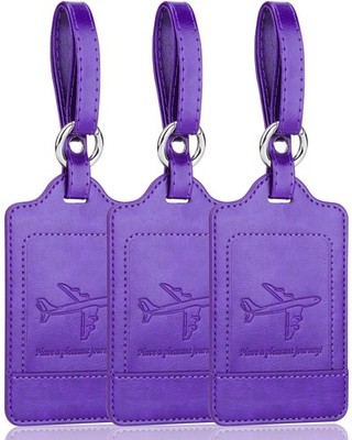 Teskyer Luggage Tags, 3 Pack Premium PU Leather Solid Pattern, Purple