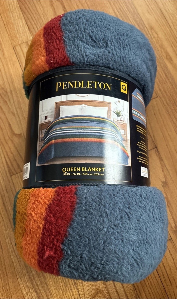 Pendleton Sherpa Fleece Serape Stripe Blue Queen Size Blanket NEW