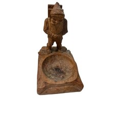 Vintage Hand Carved Wood Gnome Ashtray Folk A...