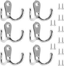 6 PCS Dual Coat Door Hooks, Double Prong Wall Mounted Hooks with 16 PCS Screws f