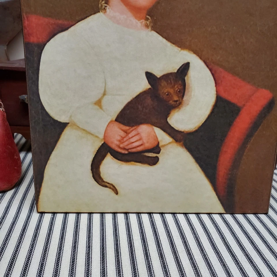 PRIMITIVE VICTORIAN VINTAGE FOLK ART STYLE GIRL BLACK CAT PORTRAIT CANVAS SIGN - Image 4 of 4