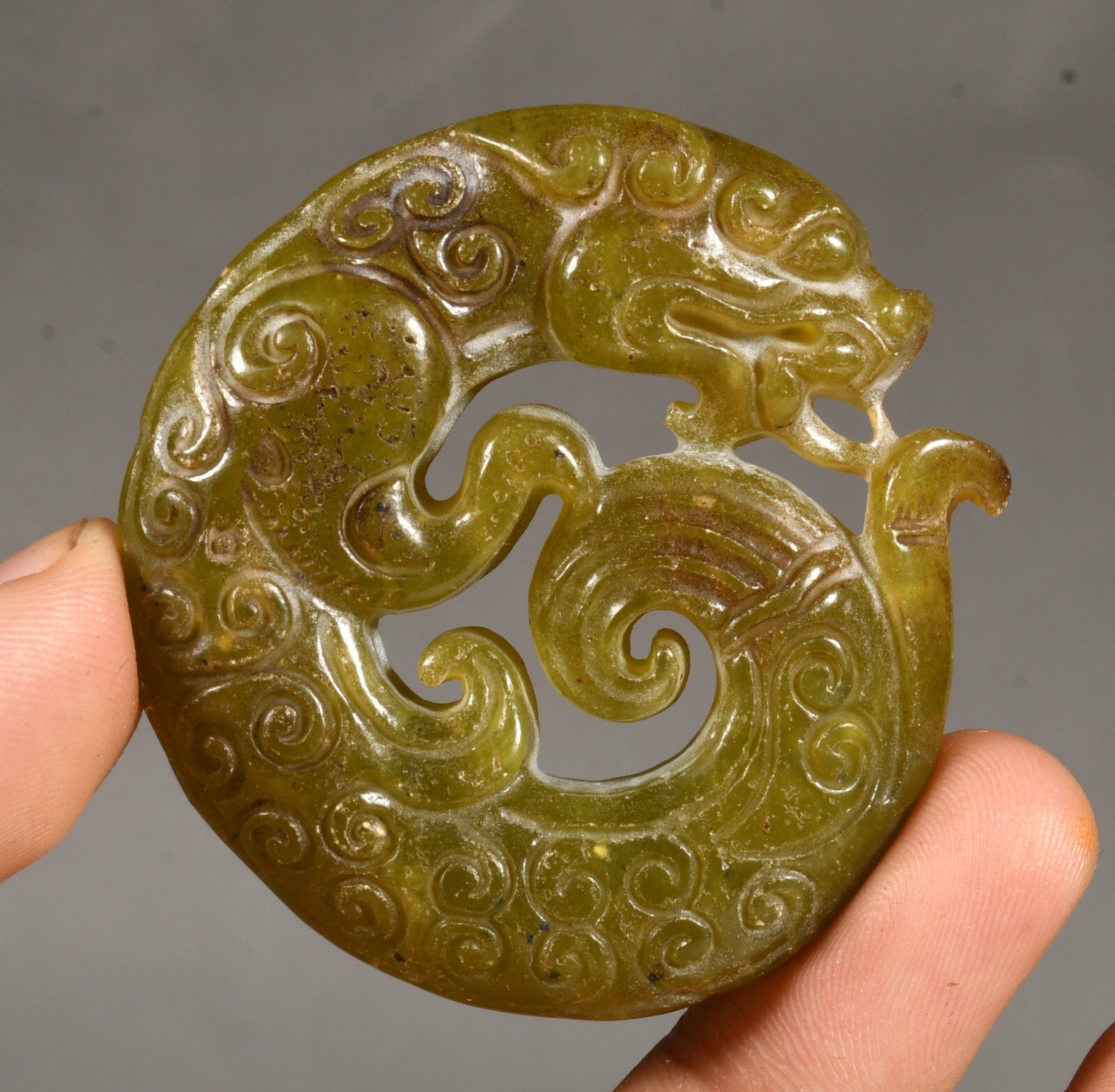2.1 Inch Ancient Hongshan Culture Green Jade Pixiu Dragon Amulet Feng Shui Pendant