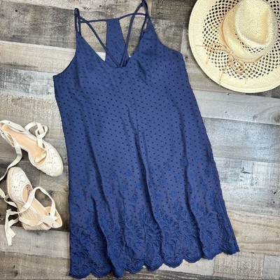 Francesca's Miami NWT Navy Swiss Dot Floral Embroidered Strappy Sundress  L