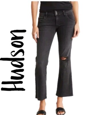 Hudson Womens Collin Black Mid Rise Bootcut Cropped Distressed Jeans Sz 26x26 