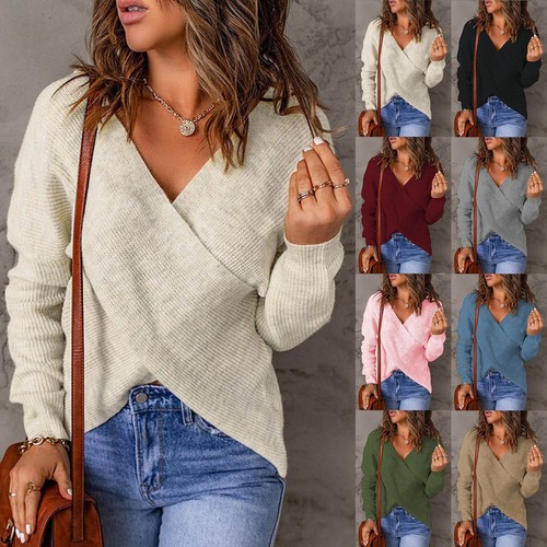 Women Sexy Cross Wrap V Neck Sweaters Long Sleeve Asymmetric Backless Knitted