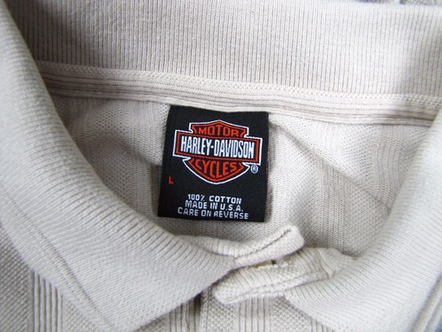 Harley Davidson Polo Shirt L Tan Ribbed Ft Wayne Indiana USA Flag Stratman - Picture 6 of 6