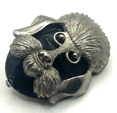 Vintage Dog Brooch Poodle Blue Glass Silver Tone BSK Figural Retro Adorable 1.5''