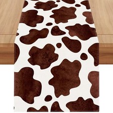 Linen Watercolor Cow Print Table Runner 72" Cowhide Western Party Decoration