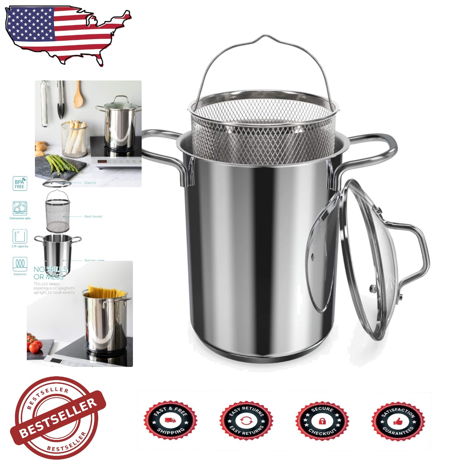 4.1 Qt Premium Stainless Steel Asparagus Pot - Ideal for Spaghetti & Vegetables