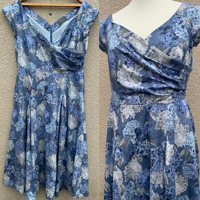 KATYA WILDMAN BOMBSHELL BLUE HYDRANGEA PRINT FIT FLARE COTTON DRESS 18 16