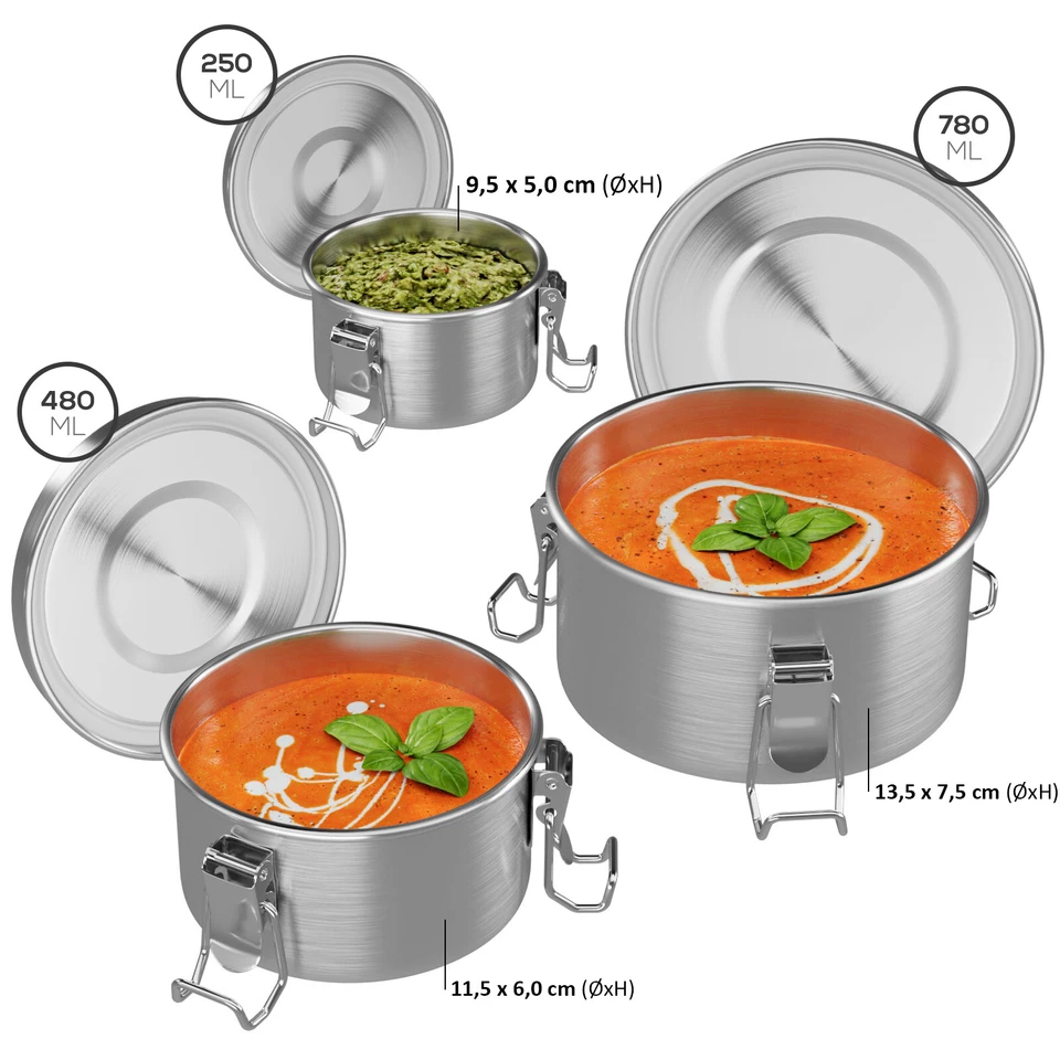 Juego de 3 latas de acero inoxidable redondas a prueba de fugas lata de pan de metal lonchera lata de vísperas - Imagen 3 de 4