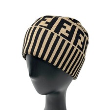 FENDI Vintage Zucca Monogram Knit Beanie 42 Cap Stripe Beige Black Wool