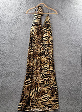New Vintage Alyn Paige Womens Maxi Dress Size L Black Beige Animal Print Stretch